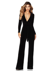 Samt-Jumpsuit mit elastischem, tiefem V-Ausschnitt und Gürtel