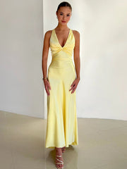 Satin V-neck Back Strappy Bow Maxi Dress