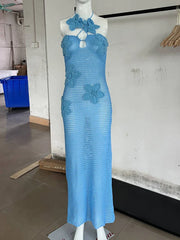Knit Crochet Flower Applique Halter Maxi Dress