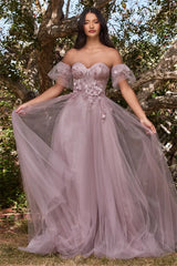 Heart Neck Tulle Prom Dress Puffy Sleeves Side Split