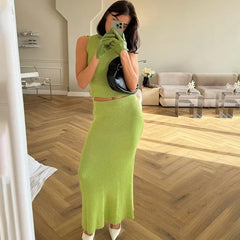 Solid Knit Sleeveless Top Long Skirt Set
