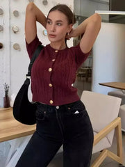 Twist Knitted Short Sleeve Sweater-Top