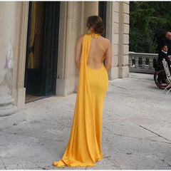 Yellow Satin Backless Lace-Up Off-Shoulder Maxi Dress