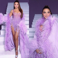 Feather Cloak Sleeves Open Back Prom Dress