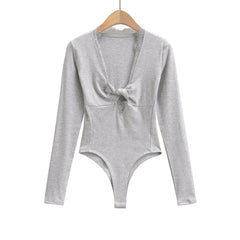 Spliced Lace Bow V neck Jersey Long Sleeve Bodysuit