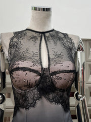 Black Lace Patchwork O Neck Mini Dress