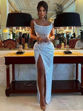 Strapless Mesh Sequins Ruffles Maxi Dress