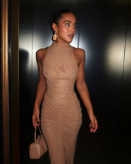 Sleeveless Two Layer Mesh Bodycon Long Dress