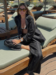 Long Sleeved Silk Geometric Shirt High Waist Pant Set