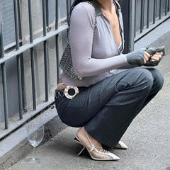 Gray Long Sleeve Knitted T-Shirt