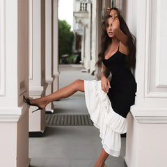 Black Strap White Frill Patchwork Maxi Dress