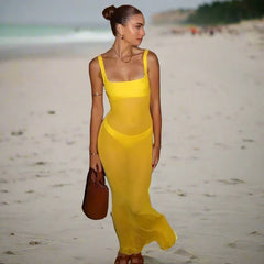 Mesh Square Neck Open Back Solid Long Dress