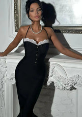 Black Lace Trumpet Spaghetti Strap Midi Dress