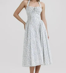 Floral Bow Halter Neck Lacing Up Midi Dress