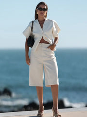 Knitted Flat Pin V-Neck Solid Short Sleeved Tops