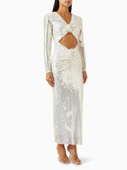 Sequins White Hollow Flower Design Long Dress