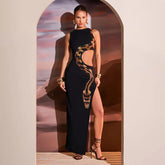 High Slit Hollow Out Snake Print Maxi Dress