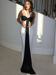 Patchwork Contrast Hollow Out Split Long Dress