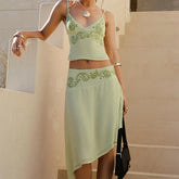 Floral Backless Tie-Up Top Irregular Hem Midi Skirt