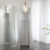 Silver-Gray Mermaid Evening Gown with Cape