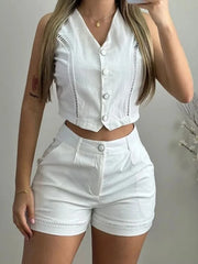 Buttons Sleeveless Solid Top and Shorts Suit