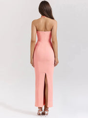 Pink Deep Neck Halter Bodycon Midi Dress