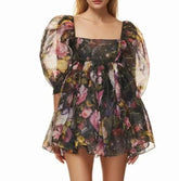 Black Floral Print Square Collar Puff Sleeve Mini Dress