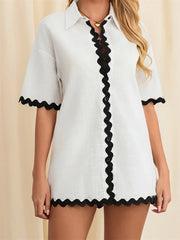 Contrast Short Sleeve Turn-Down Collar Mini Dress