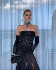 Lace Corset Patchwork Skirt And Gloves Set