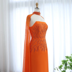 Orange Evening Dress with Cape Sleeves
