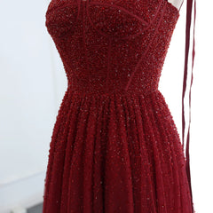 Beaded Wine Red Evening Gown with Straps