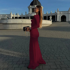 Ruched Flower Long Sleeve Solid Maxi Dress