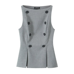 Buttoned Boat Neck Sleeveless Grey Vest Top