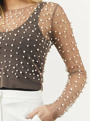 Long Sleeve Mesh Sheer Lace Pearls Top