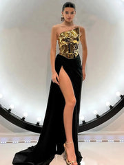 Gold Lace-up Tops 2 Pieces Floor-length Dress