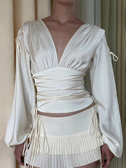 Deep V-Neck Satin Lace-Up Slim Shirt