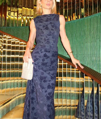 Texture Blue Top Asymmetrical Long Skirt Suit