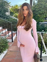 Knitted Ruffled Long Sleeve Button Maxi Dress