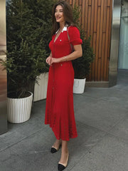 Ribbed Contrast Collar Short Sleeve Buttoned Midi Dress