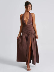 Open Back Solid Thigh High Split Long Dress