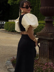 Patchwork Puff Sleeve Hollow Out Long Dress