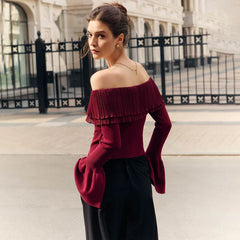 Off-Shoulder Knitted Flare Sleeve Top