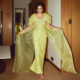 Beaded Yellow Evening Gown with Cape Sleeves