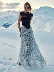 Black Fishbone Top Sequin Mesh Long Skirt Set