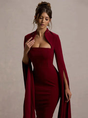 Cape Long Sleeve Square Collar Midi Dress