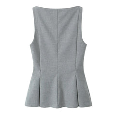Buttoned Boat Neck Sleeveless Grey Vest Top