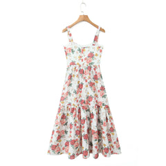 Flower Print Corset Style Ruffles Hem Midi Dress