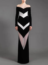 Slash Neck Gauze Patchwork Contrast Long Dress