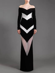 Slash Neck Gauze Patchwork Contrast Long Dress