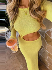 Knitted Hollow Out Solid O-neck Slit Maxi Dress